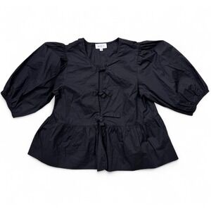 Mable Black Balloon Short Sleeve Front Tie Top Cotton Boho Casual Women's Medium